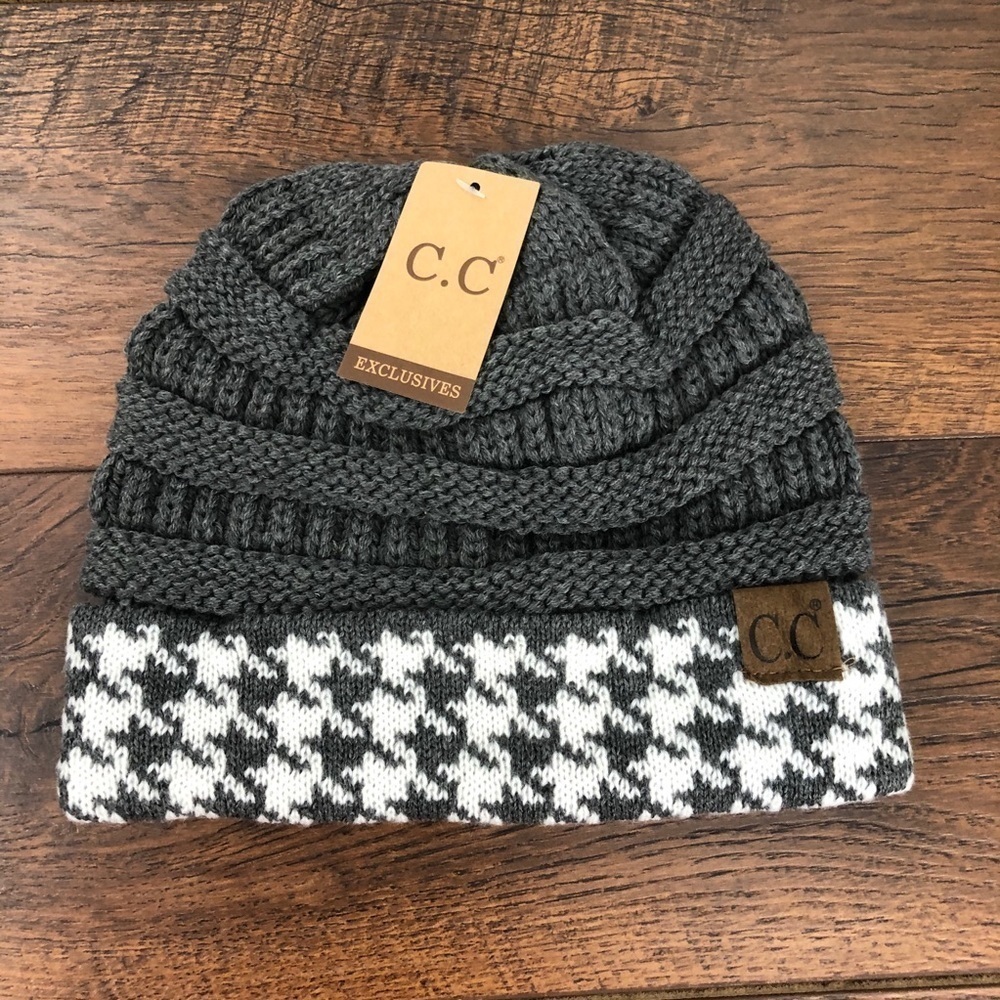 CC Beanie Hat Cap with Houndstooth‎ Cuff